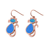 Dangling Cat Earrings Fish Hook Lab Created Opal 925 Sterling Silver (19mm)