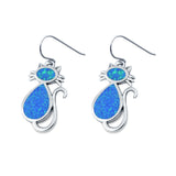 Dangling Cat Earrings Fish Hook Lab Created Opal 925 Sterling Silver (19mm)