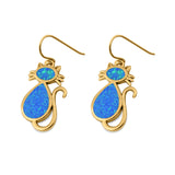 Dangling Cat Earrings Fish Hook Lab Created Opal 925 Sterling Silver (19mm)