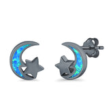 Moon & Star Stud Earrings Created Opal 925 Sterling Silver (8mm)