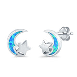 Moon & Star Stud Earrings Created Opal 925 Sterling Silver (8mm)