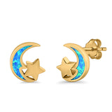 Moon & Star Stud Earrings Created Opal 925 Sterling Silver (8mm)