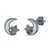 Moon & Star Stud Earrings Created Opal 925 Sterling Silver (8mm)