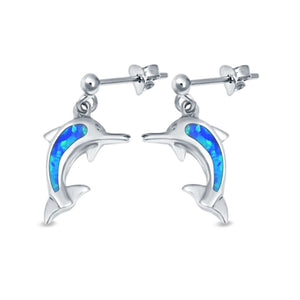 Dolphin Stud Earrings Lab Created Opal 925 Sterling Silver (23mm)