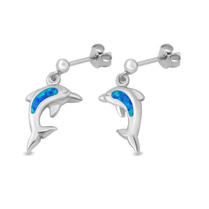 Dolphin Stud Earrings Lab Created Opal 925 Sterling Silver (13mm)