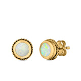 Round Stud Earrings Lab Created Opal 925 Sterling Silver (7mm)