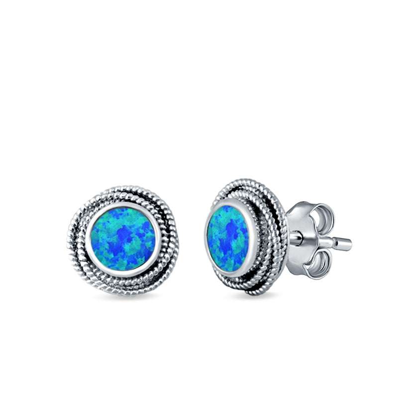 Round Rope Stud Earrings Lab Created Opal 925 Sterling Silver (10mm)