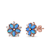 Flower Stud Earrings Lab Created Opal Simulated CZ 925 Sterling Silver (9mm)