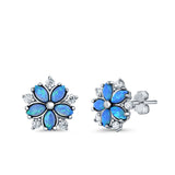Flower Stud Earrings Lab Created Opal Simulated CZ 925 Sterling Silver (9mm)