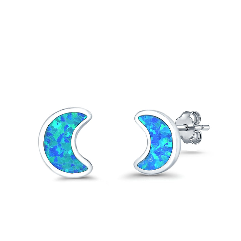 Moon Stud Earrings Lab Created Opal 925 Sterling Silver (14mm)