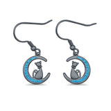 Cat on Moon Drop Dangle Earrings Lab Created Opal 925 Sterling Silver (13mm)