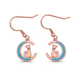 Cat on Moon Drop Dangle Earrings Lab Created Opal 925 Sterling Silver (13mm)