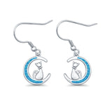 Cat on Moon Drop Dangle Earrings Lab Created Opal 925 Sterling Silver (13mm)