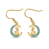 Cat on Moon Drop Dangle Earrings Lab Created Opal 925 Sterling Silver (13mm)