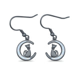 Cat on Moon Drop Dangle Earrings Lab Created Opal 925 Sterling Silver (13mm)