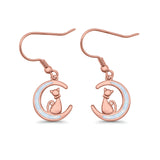 Cat on Moon Drop Dangle Earrings Lab Created Opal 925 Sterling Silver (13mm)