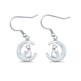 Cat on Moon Drop Dangle Earrings Lab Created Opal 925 Sterling Silver (13mm)
