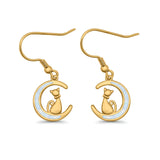 Cat on Moon Drop Dangle Earrings Lab Created Opal 925 Sterling Silver (13mm)