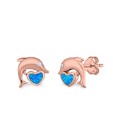 Dolphin Heart Stud Earrings Simulated CZ Lab Created Opal 925 Sterling Silver (7mm)