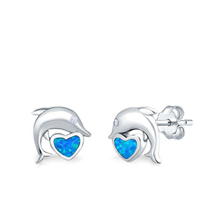 Dolphin Heart Stud Earrings Simulated CZ Lab Created Opal 925 Sterling Silver (7mm)