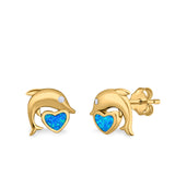 Dolphin Heart Stud Earrings Simulated CZ Lab Created Opal 925 Sterling Silver (7mm)