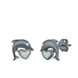 Dolphin Heart Stud Earrings Simulated CZ Lab Created Opal 925 Sterling Silver (7mm)