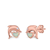 Dolphin Heart Stud Earrings Simulated CZ Lab Created Opal 925 Sterling Silver (7mm)