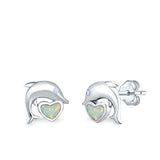 Dolphin Heart Stud Earrings Simulated CZ Lab Created Opal 925 Sterling Silver (7mm)