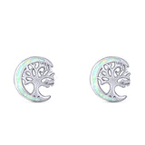 Moon & Tree Stud Earring Created Opal Solid 925 Sterling Silver (10mm)