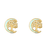 Moon & Tree Stud Earring Created Opal Solid 925 Sterling Silver (10mm)