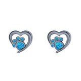 Heart & Paw Print Stud Earring Created Opal Solid 925 Sterling Silver (9.1mm)