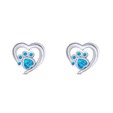 Heart & Paw Print Stud Earring Created Opal Solid 925 Sterling Silver (9.1mm)