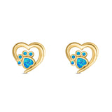 Heart & Paw Print Stud Earring Created Opal Solid 925 Sterling Silver (9.1mm)