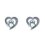 Heart & Paw Print Stud Earring Created Opal Solid 925 Sterling Silver (9.1mm)