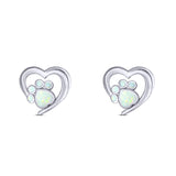 Heart & Paw Print Stud Earring Created Opal Solid 925 Sterling Silver (9.1mm)