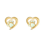 Heart & Paw Print Stud Earring Created Opal Solid 925 Sterling Silver (9.1mm)