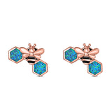 Lucky Honey Bee Print Stud Earring Created Opal Solid 925 Sterling Silver (8.7mm)