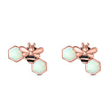 Lucky Honey Bee Print Stud Earring Created Opal Solid 925 Sterling Silver (8.7mm)