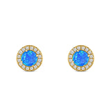 Halo Art Deco Stud Earring Round Simulated Cubic Zirconia Created Opal Solid 925 Sterling Silver (8.2mm)