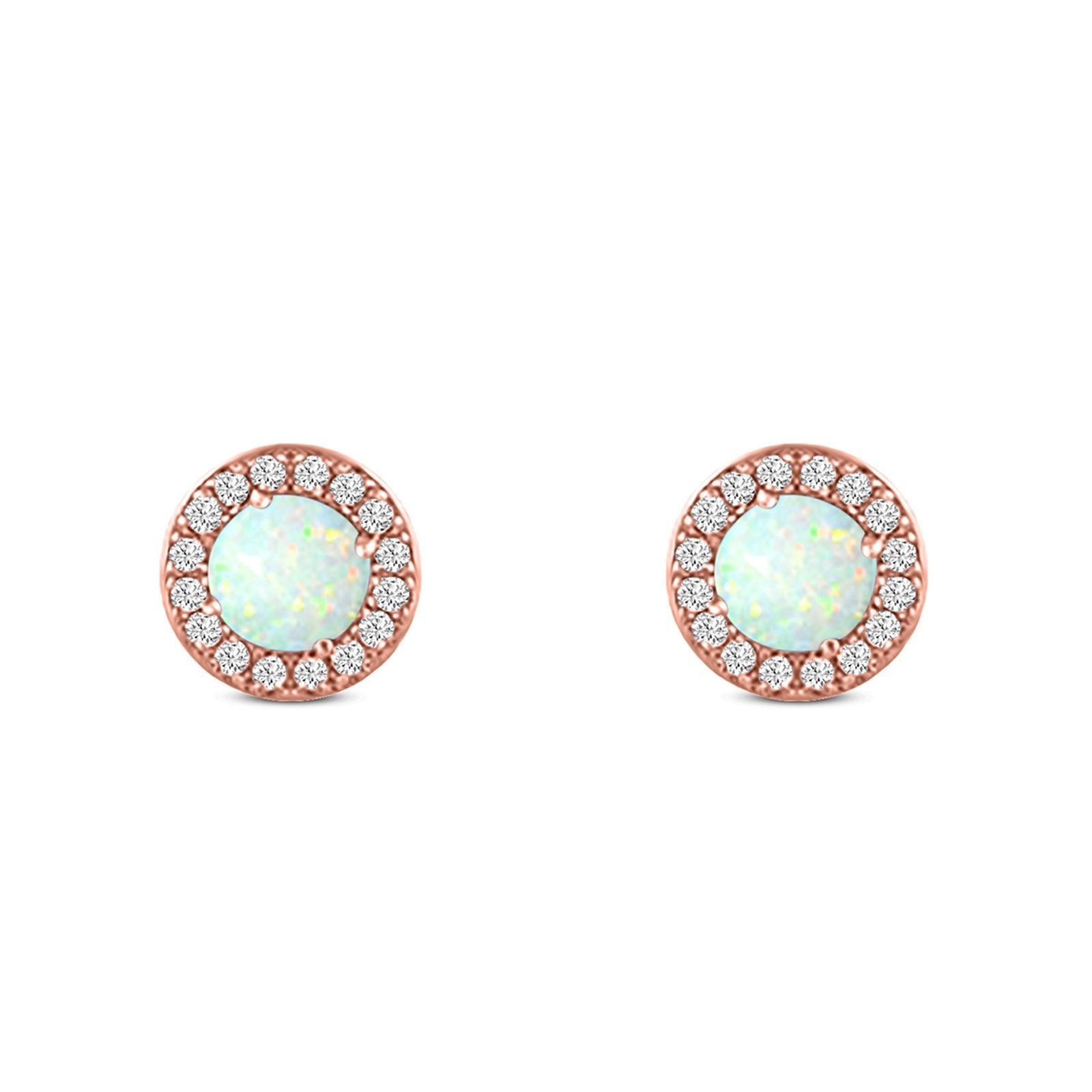 Halo Art Deco Stud Earring Round Simulated Cubic Zirconia Created Opal Solid 925 Sterling Silver (8.2mm)