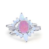 Three Piece Set Oval Lab White Opal Teardrop Art Deco Wedding Ring Vintage Band Simulated Cubic Zirconia Solid 925 Sterling Silver