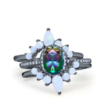 Three Piece Set Oval Lab White Opal Teardrop Art Deco Wedding Ring Vintage Band Simulated Cubic Zirconia Solid 925 Sterling Silver