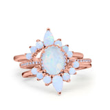 Three Piece Set Oval Lab White Opal Teardrop Art Deco Wedding Ring Vintage Band Simulated Cubic Zirconia Solid 925 Sterling Silver