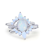 Three Piece Set Oval Lab White Opal Teardrop Art Deco Wedding Ring Vintage Band Simulated Cubic Zirconia Solid 925 Sterling Silver