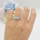 Three Stone Two Piece Bridal Round Beaded Natural Aquamarine Engagement Ring