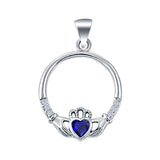 Heart Claddagh Charm Pendant Simulated Cubic Zirconia 925 Sterling Silver (21mm)