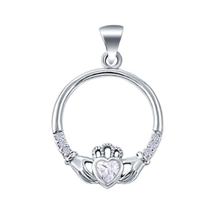 Heart Claddagh Charm Pendant Simulated Cubic Zirconia 925 Sterling Silver (21mm)