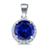 Solitaire Halo Pendant Micro Pave Round Simulated Blue Sapphire CZ 925 Sterling Silver
