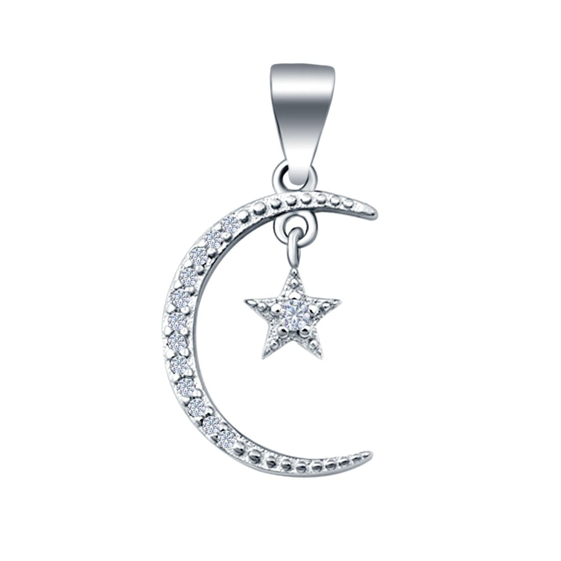 Moon and Dangling Star Charm Pendant Simulated Cubic Zirconia 925 Sterling Silver