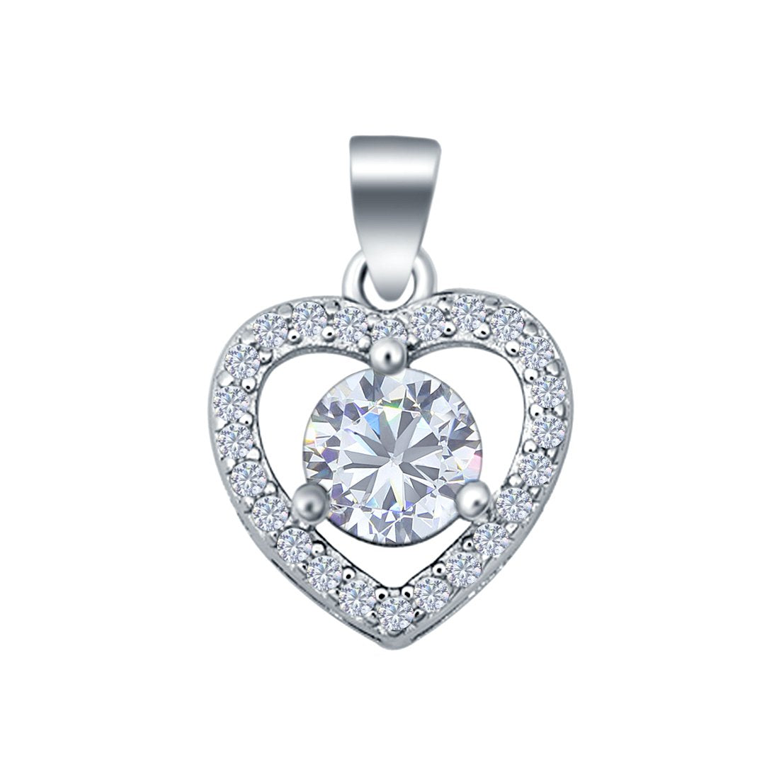 Heart Charm Pendant Round Simulated Cubic Zirconia 925 Sterling Silver (10mm)